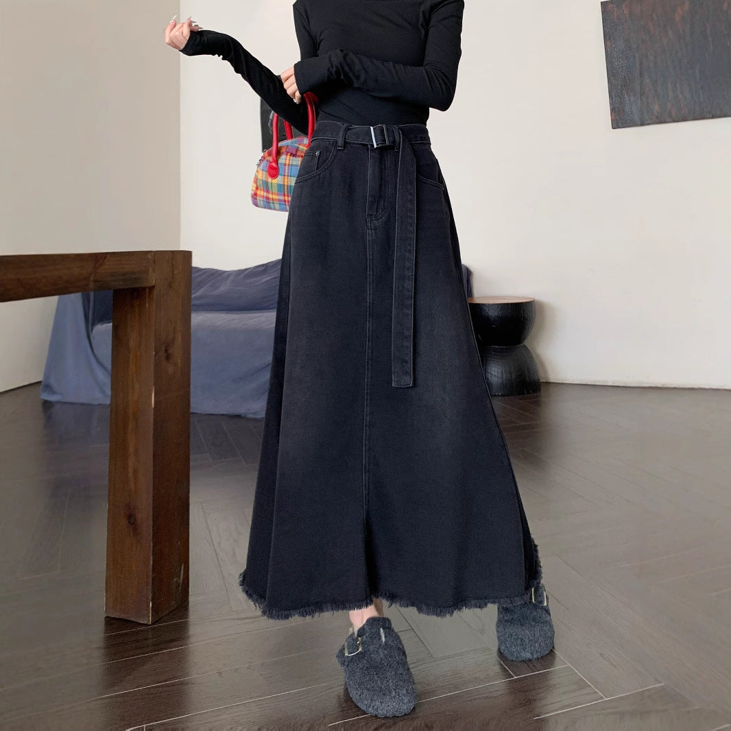 Women's Maxi Skirt with Casual Belt and Frayed Hem