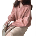 Women's Chunky Knit Sweater with Deep V-Neck and Voluminous Sleeves