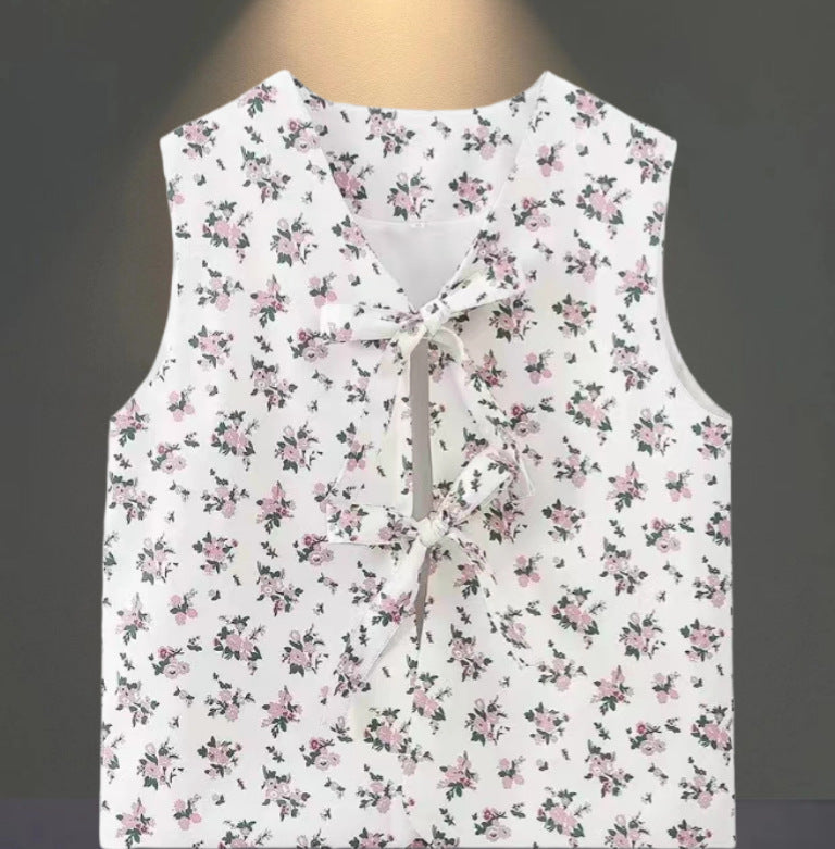 Women's Blouse with Floral Accents and Tie Detail