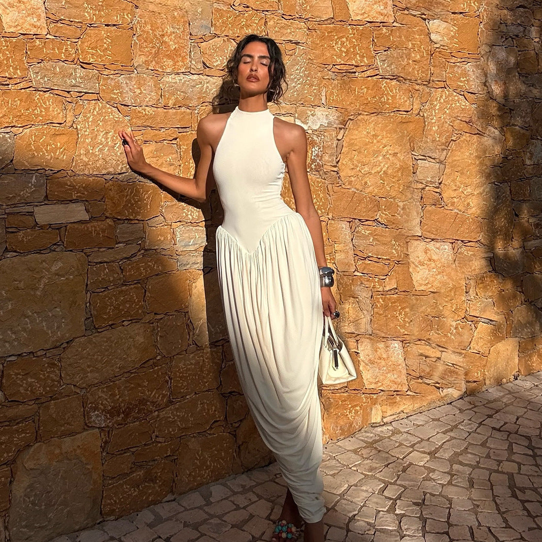 Elegant Maxi Jumpsuit with High Collar and Flowing Hem