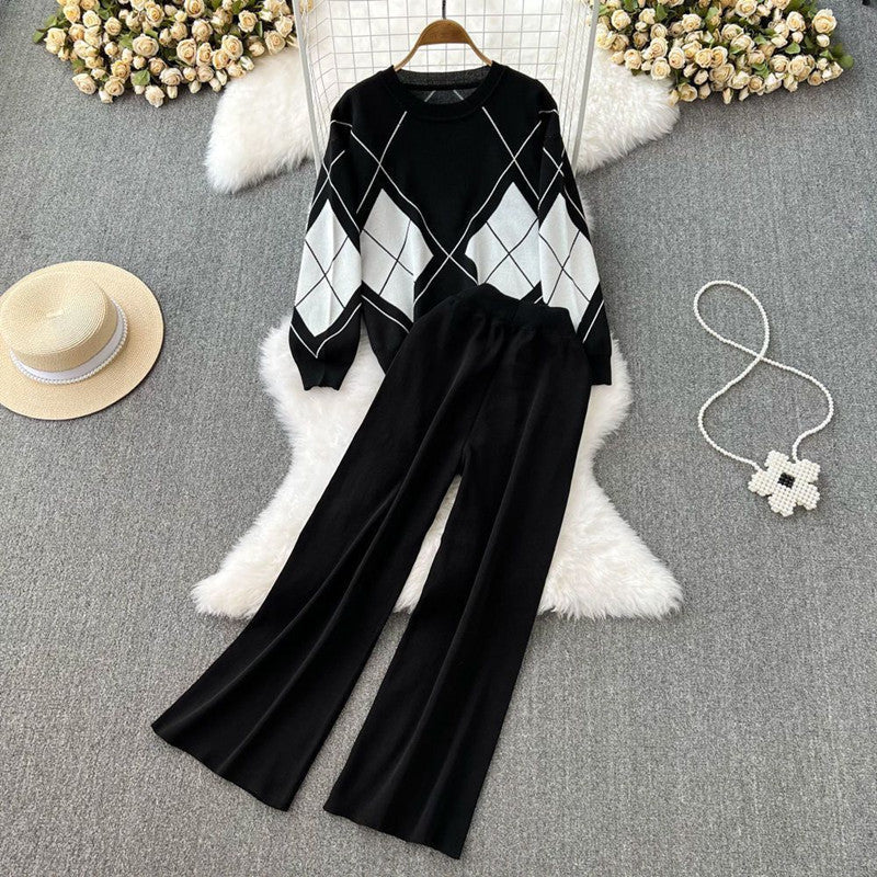 Women's Elegant Diamond Pattern Wide-Leg Knit Loungewear Set