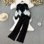 Women's Elegant Diamond Pattern Wide-Leg Knit Loungewear Set