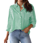 Women's Loose Striped Shirt with Chest Pocket and Roll-Up Sleeves