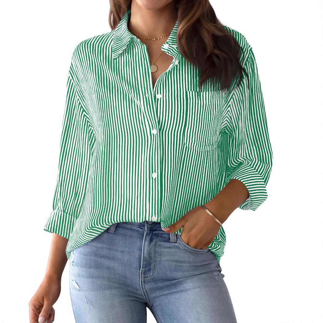Women's Loose Striped Shirt with Chest Pocket and Roll-Up Sleeves