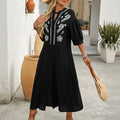 Women's Embroidered A-Line Shirt Dress with Button Placket and 3/4 Balloon Sleeves