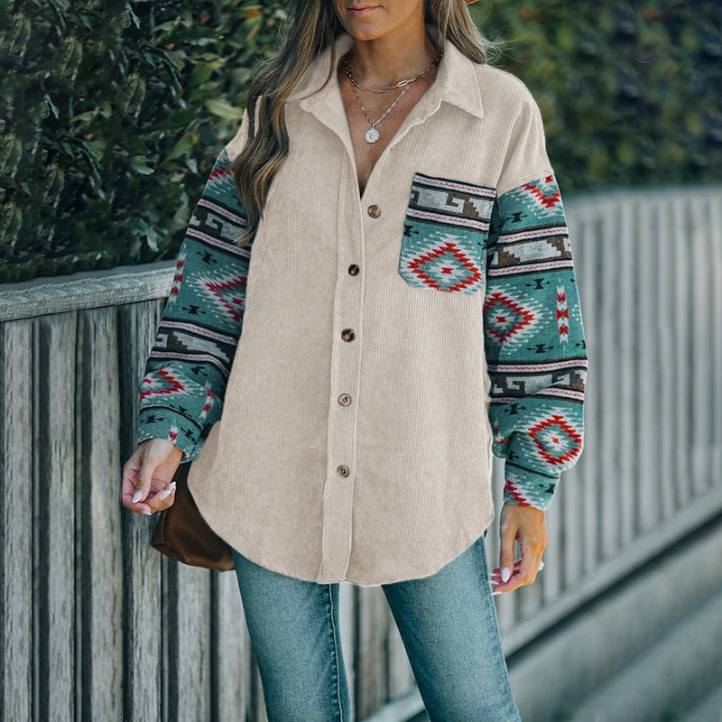 Women's Corduroy Jacket with Decorative Ethnic Pattern