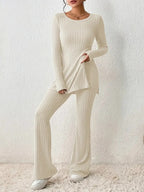 Women's Fine Ribbed Lounge Set with Long Sleeves and Flared Legs