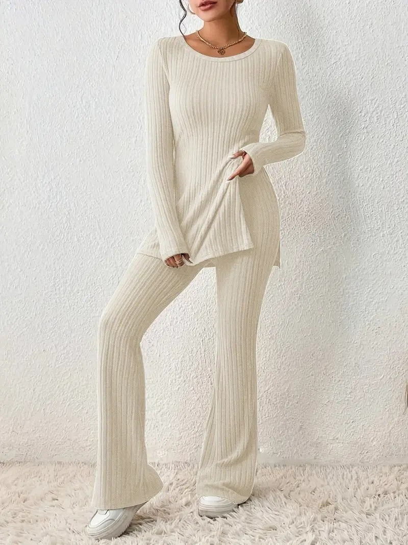 Women's Fine Ribbed Lounge Set with Long Sleeves and Flared Legs
