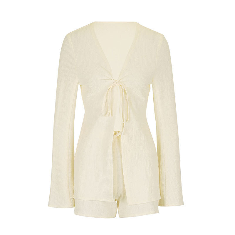Women's Casual Long-Sleeve Blouse and Shorts Set