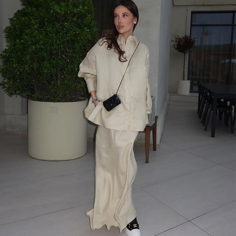 Women's Elegant Maxi Skirt Set with Casual Blouse and Tie Belt