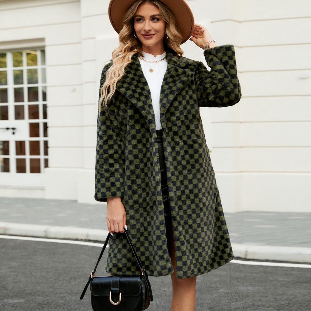 Elegant Faux Fur Coat with Modern Plaid Pattern and Wide Collar