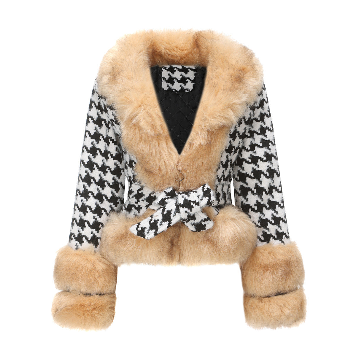 Women's Elegant Transitional Jacket with Faux Fur and Houndstooth