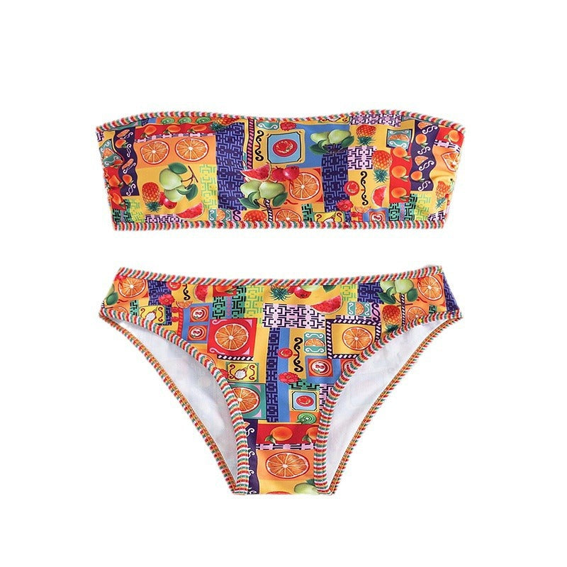 Women's Bandeau Bikini with Fruity Pattern and Decorative Contrast Stitching