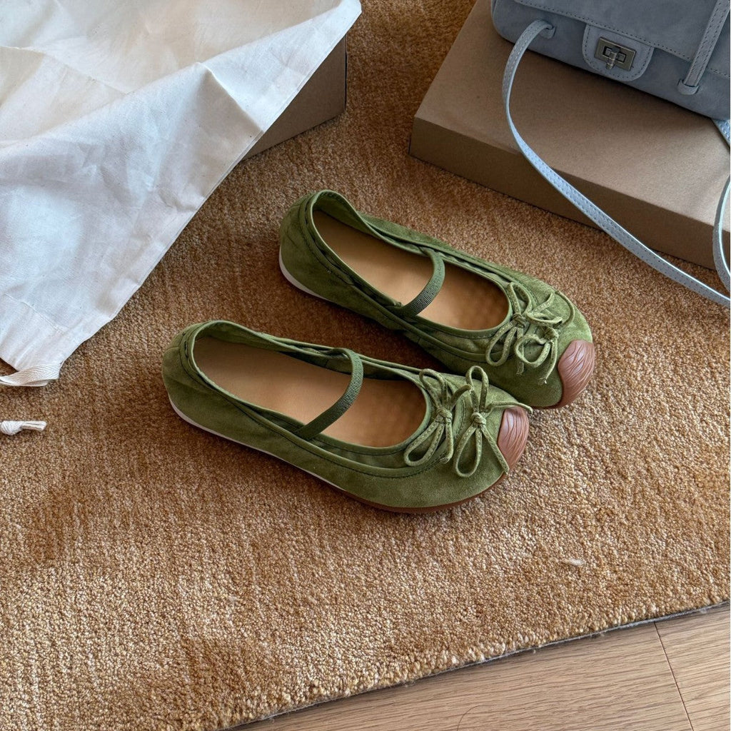 Women's Suede Ballet Flats with Strap and Decorative Bow