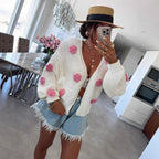 Women's Cozy Knit Cardigan with Playful Floral Appliqués