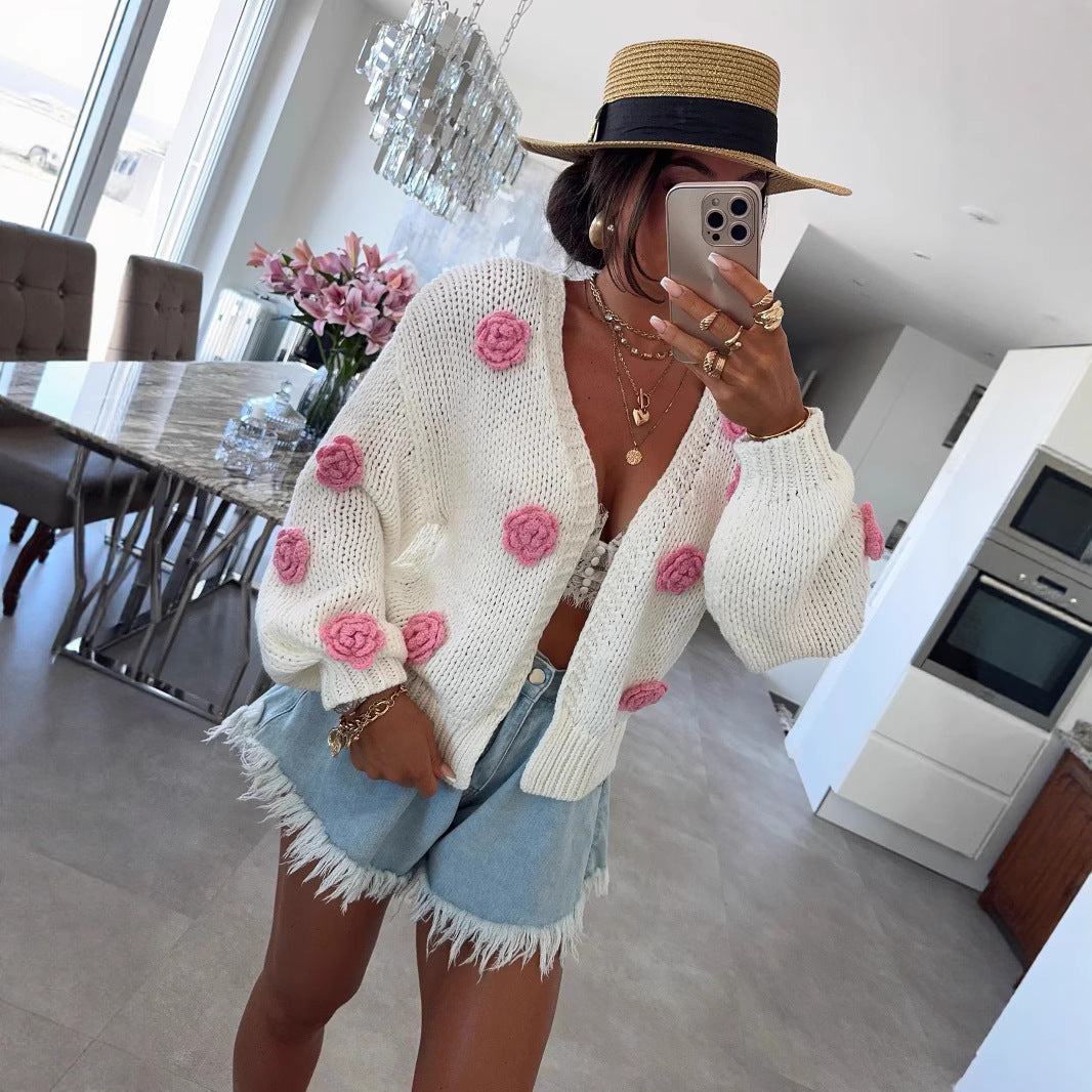Women's Cozy Knit Cardigan with Playful Floral Appliqués