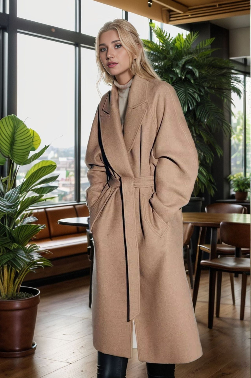 Women's Elegant Wool Coat with Belt and Wide Sleeves