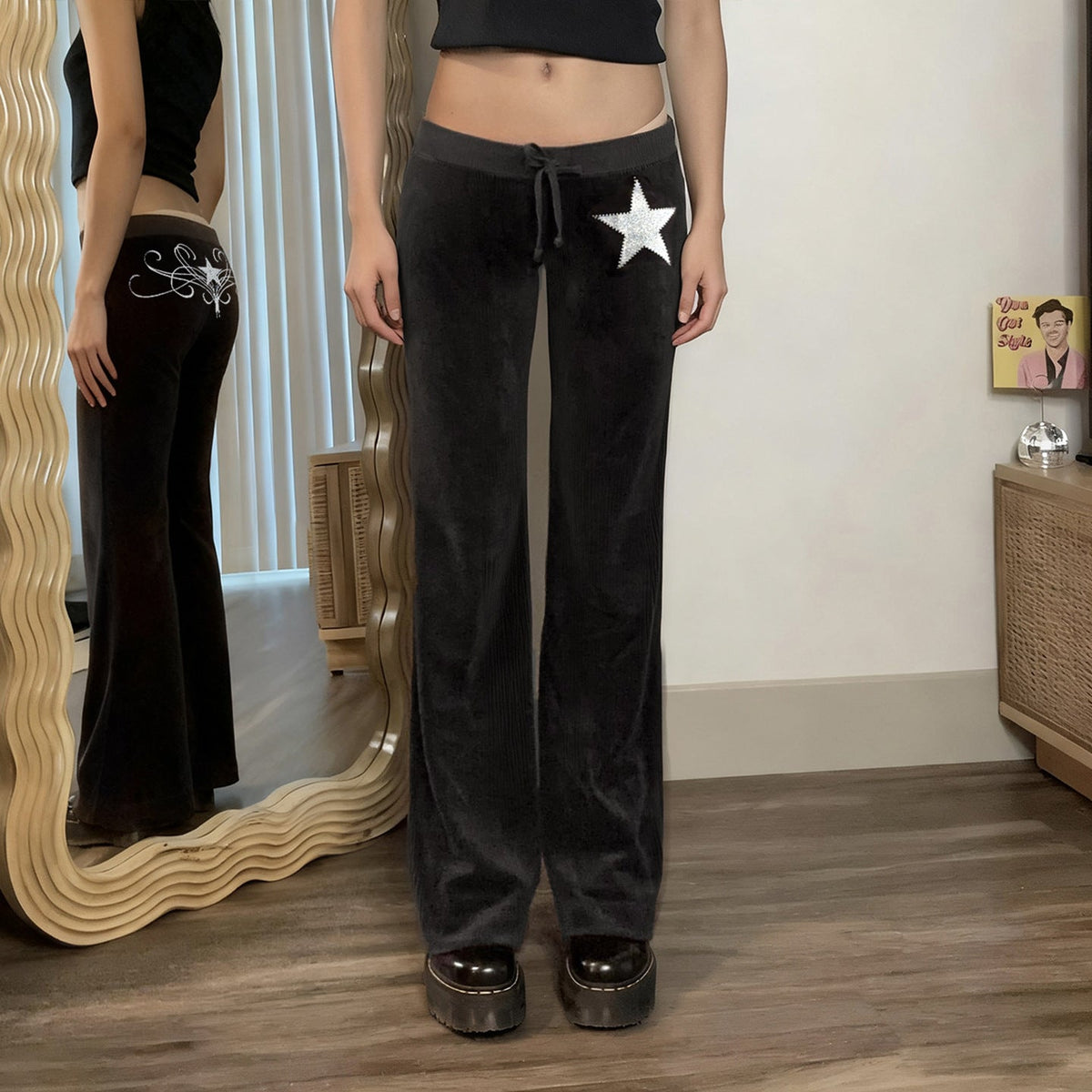 Women's Elegant Flared Trousers with Glitter Star Detail