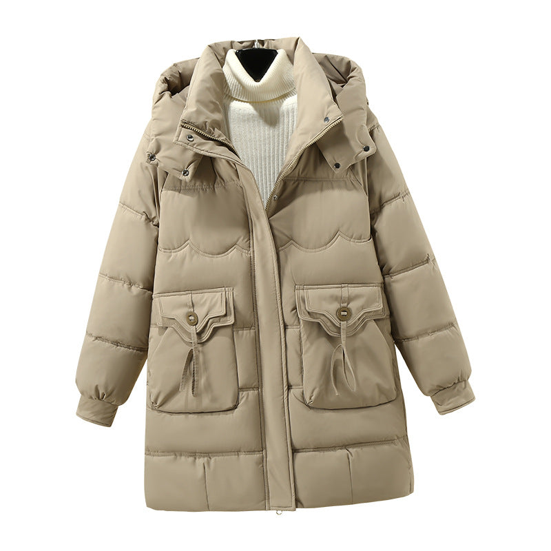 Women's Long Puffer Jacket with Practical Hooded Collar and Large Pockets
