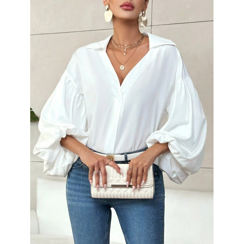 Women's Blouse with Voluminous Balloon Sleeves and Elegant Collar