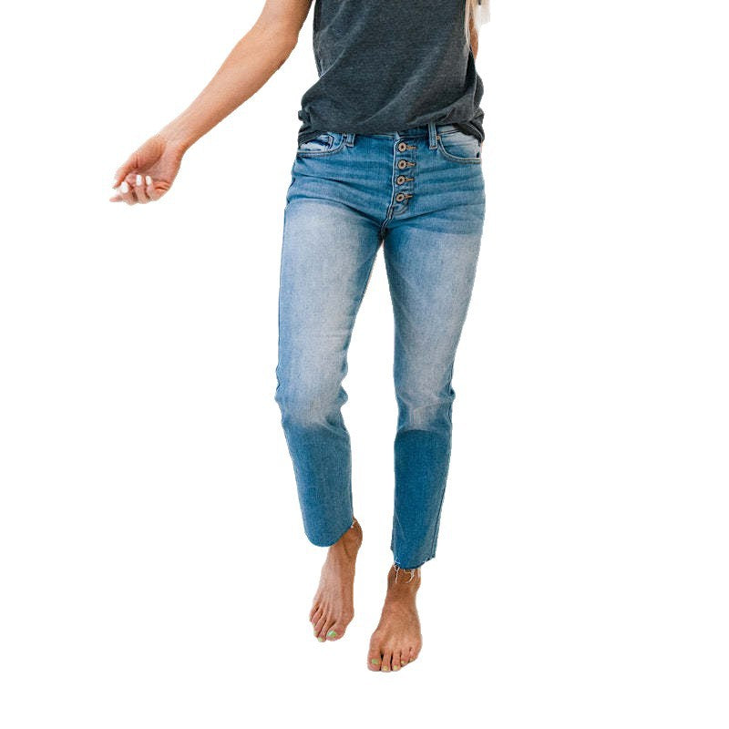 Women's High-Waist Jeans with Button Detail and Frayed Hem