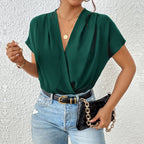 Women's Blouse Shirt with Elegant Wrap Look and Short Sleeves