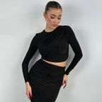Women's Elegant Wrap Top and Maxi Skirt Set with Long Sleeves