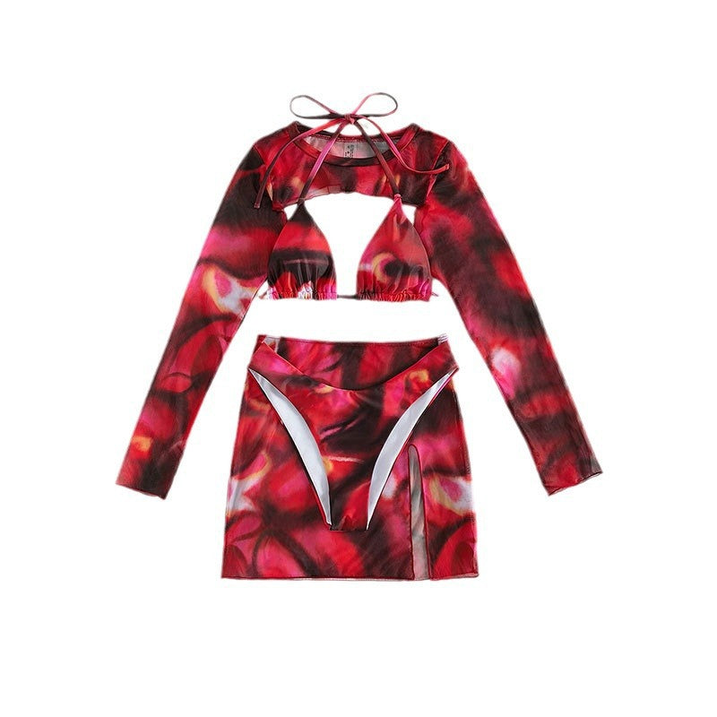 Women's Fashionable Long-Sleeve Crop Top and High-Waisted Skirt
