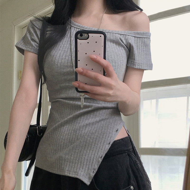 Women's Asymmetrical Short Sleeve Top with Button Details