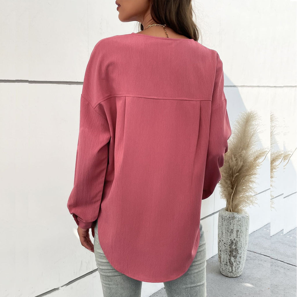 Long-Sleeve Button-Down Blouse with Chest Pocket