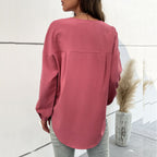 Long-Sleeve Button-Down Blouse with Chest Pocket