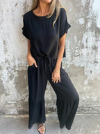 Women's Casual Two-Piece Set with Wide Top and Comfortable Pants