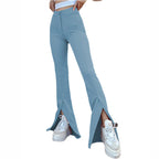 Women's Flared Trousers with Side Slits and High Waist