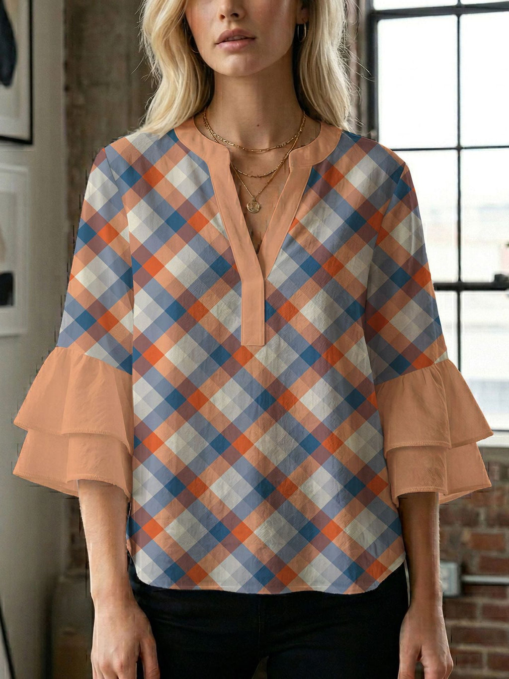 Women's Blouse Shirt with Voluminous Sleeves and Creative Print Design