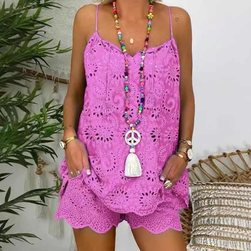 Women's Airy Summer Top with Lace and Matching Shorts