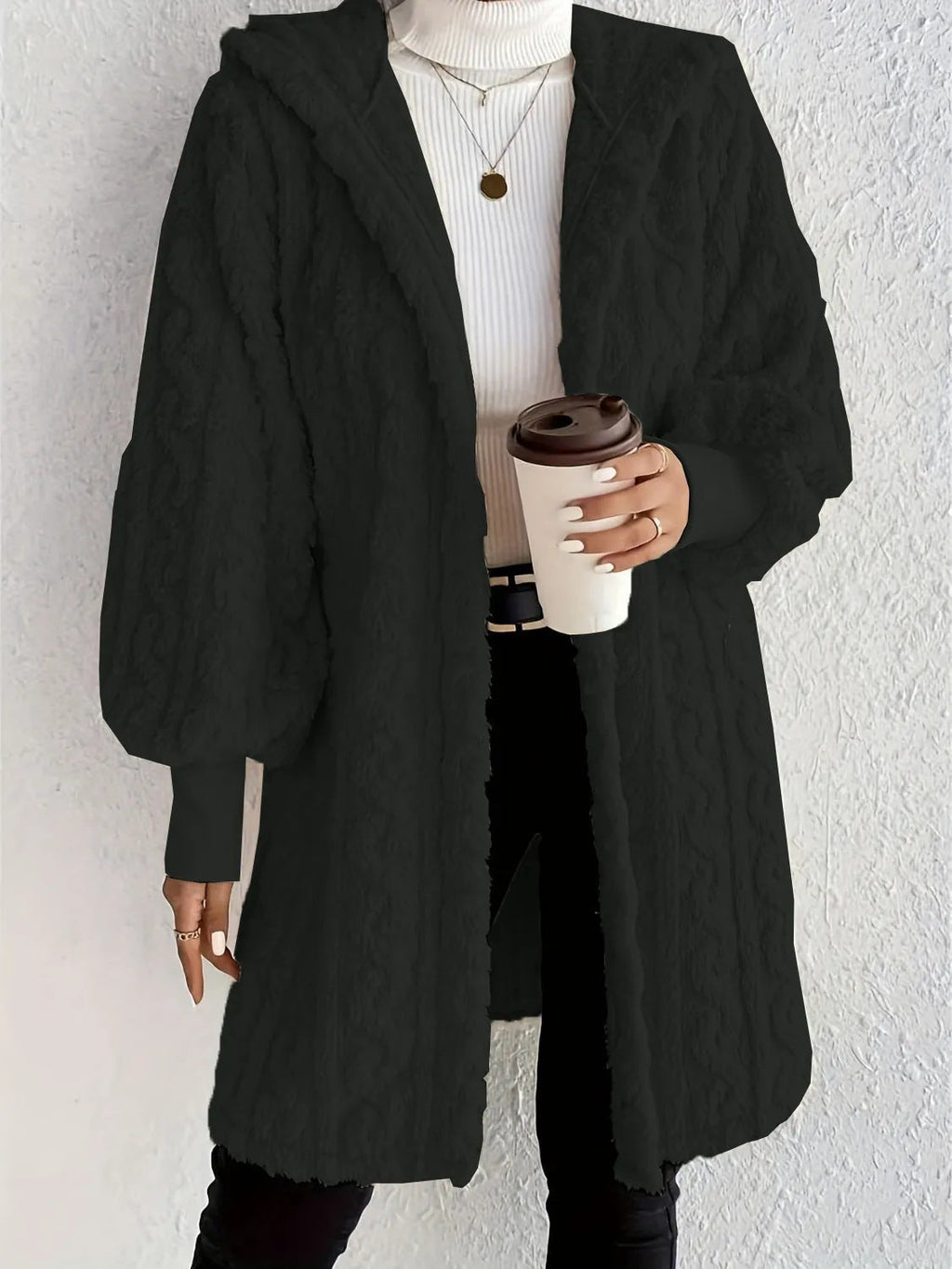 Women's Fluffy Oversized Cardigan with Hood and Pockets