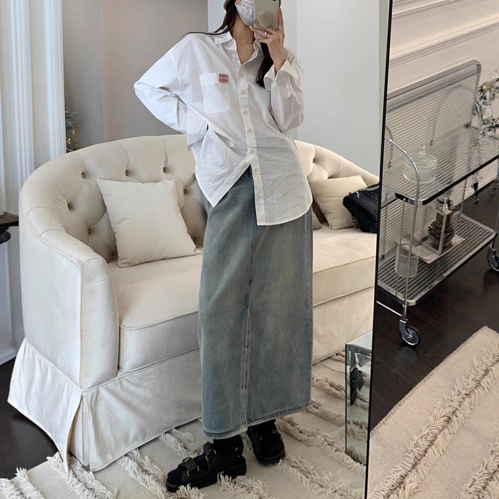 Women's Denim Maxi Skirt with Side Slit and Casual Cut