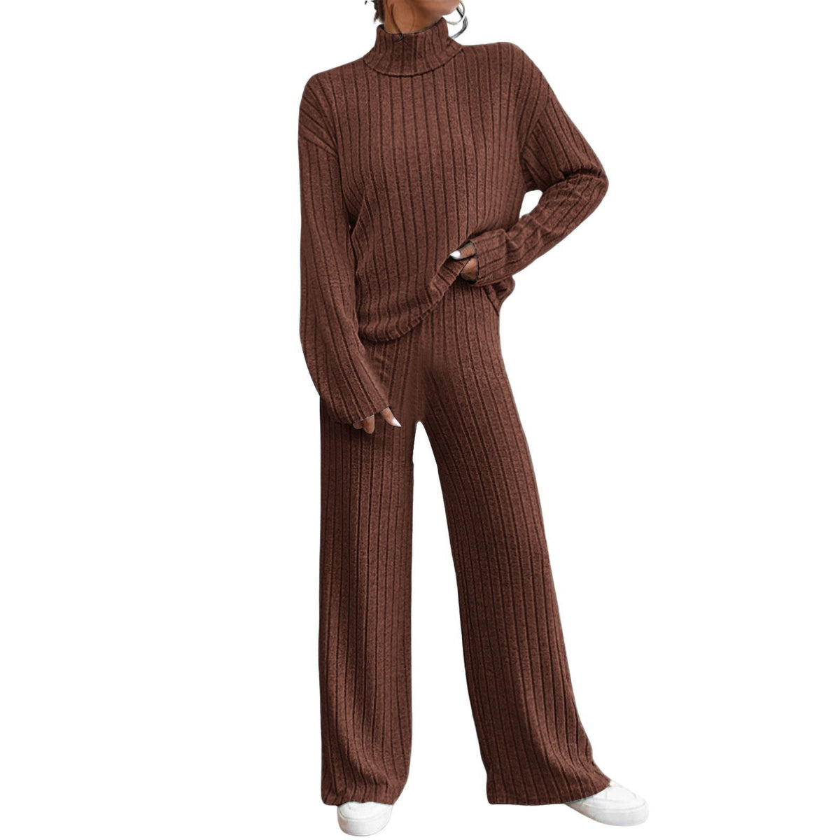 Women's Chunky Knit Two-Piece Set with High Collar and Wide Cut