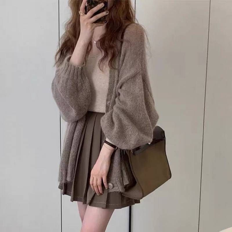Women's Fluffy Knit Cardigan with Voluminous Sleeves and Button Details