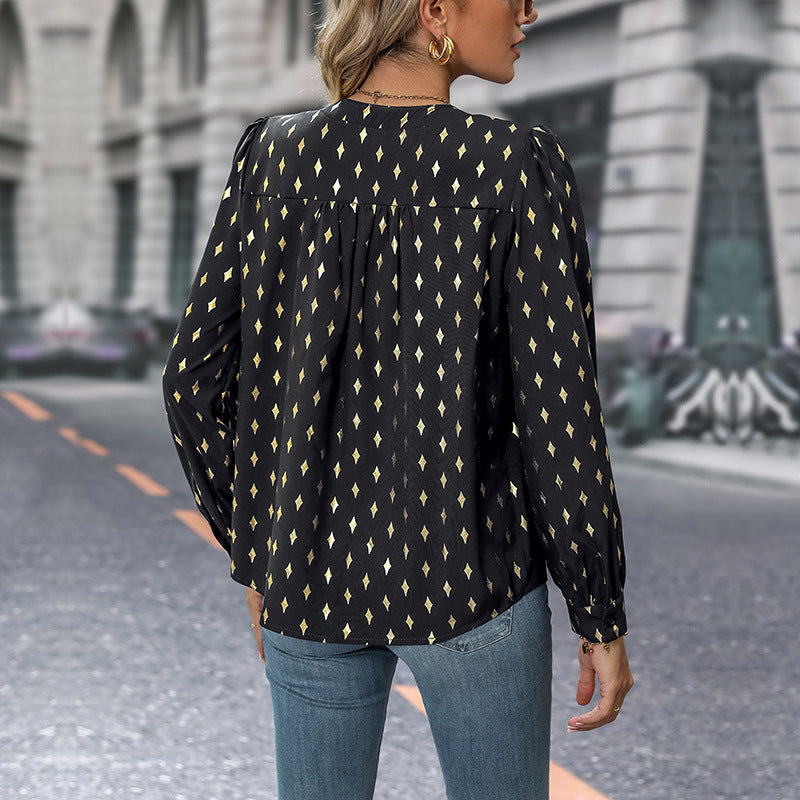 Elegant Women's Blouse with Graphic Pattern and V-Neck
