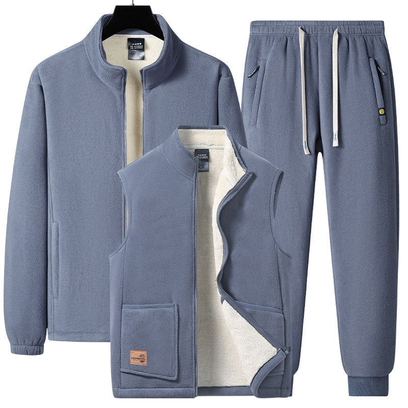 Men's three-piece fleece set with padded vest, stand-up collar jacket, and joggers