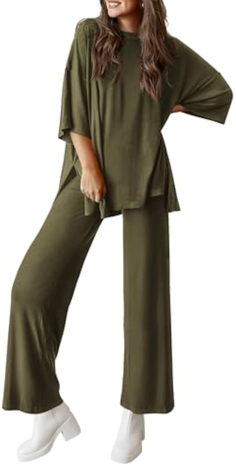 Women's Casual Lounge Set in Soft Jersey with Oversized Tunic and Wide Palazzo Pants
