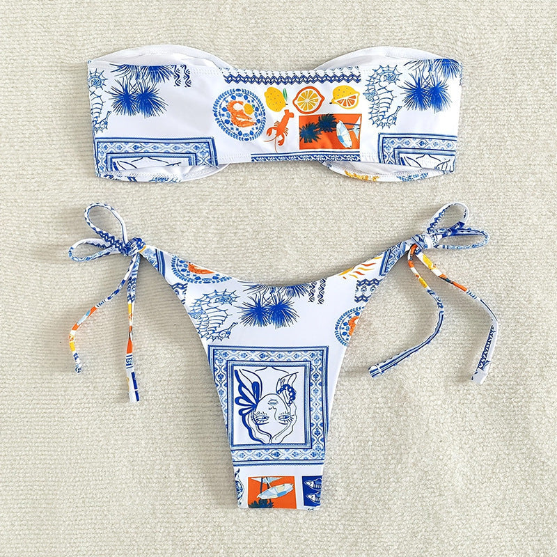 Women's Bandeau Bikini with Floral Patterns and Sophisticated Ties