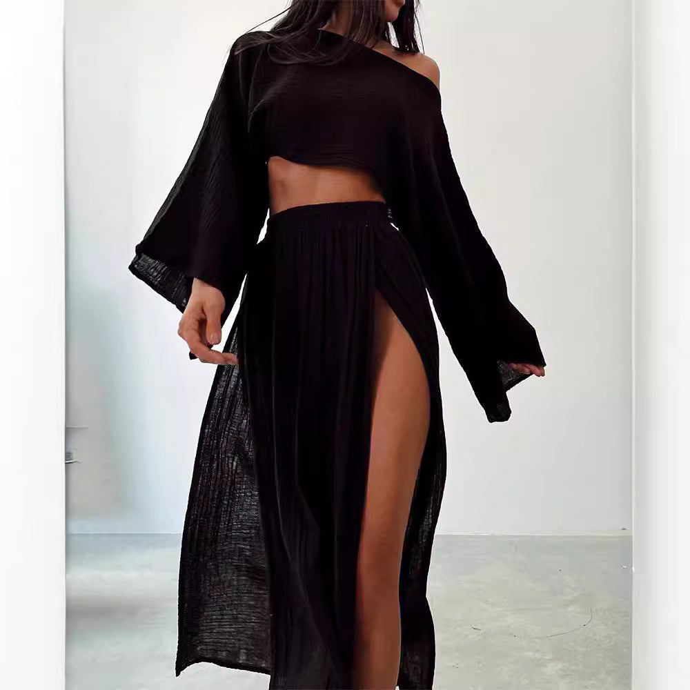 Women's Casual Two-Piece Set with Cropped Top and Maxi Skirt