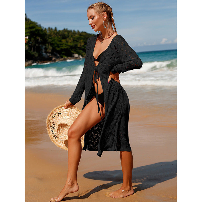 Elegant Boho-Style Crochet Beach Kimono with Deep V-Neck