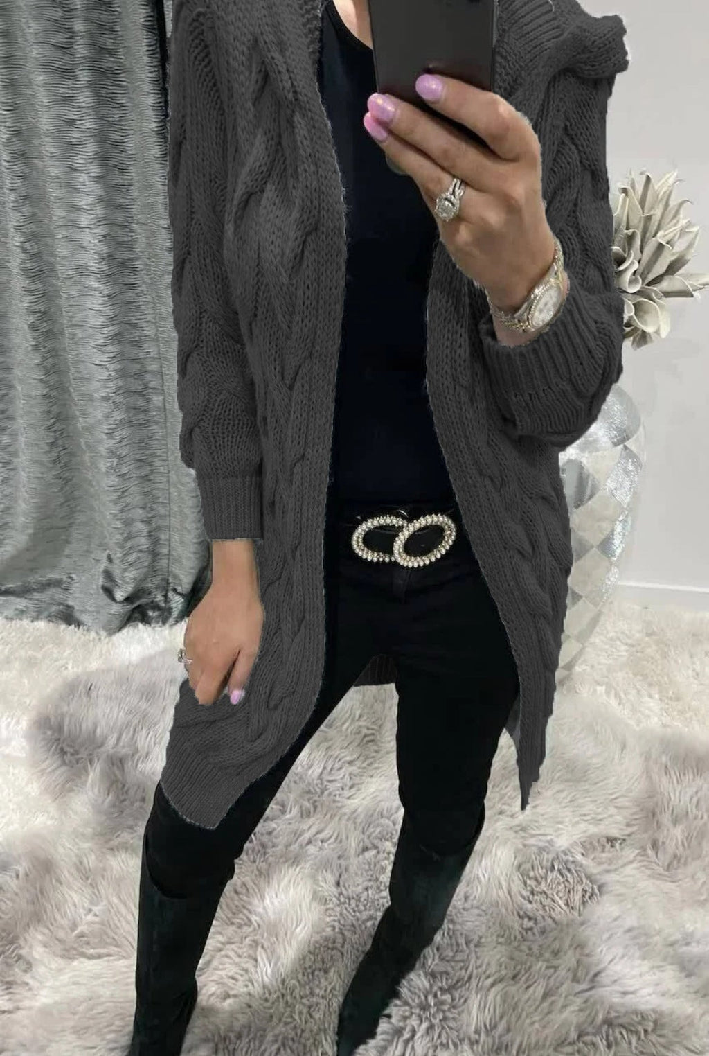 Women's Chunky Knit Cardigan with Hood and Cable Knit Pattern