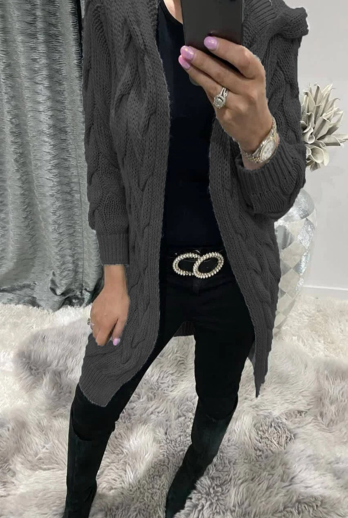 Women's Chunky Knit Cardigan with Hood and Cable Knit Pattern