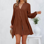 Casual Blouse with Balloon Sleeves and Full Button Placket