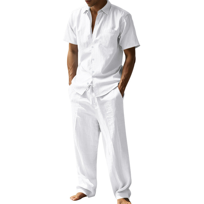 Men's resort-appropriate short-sleeve shirt with chest pocket and casual linen drawstring pants