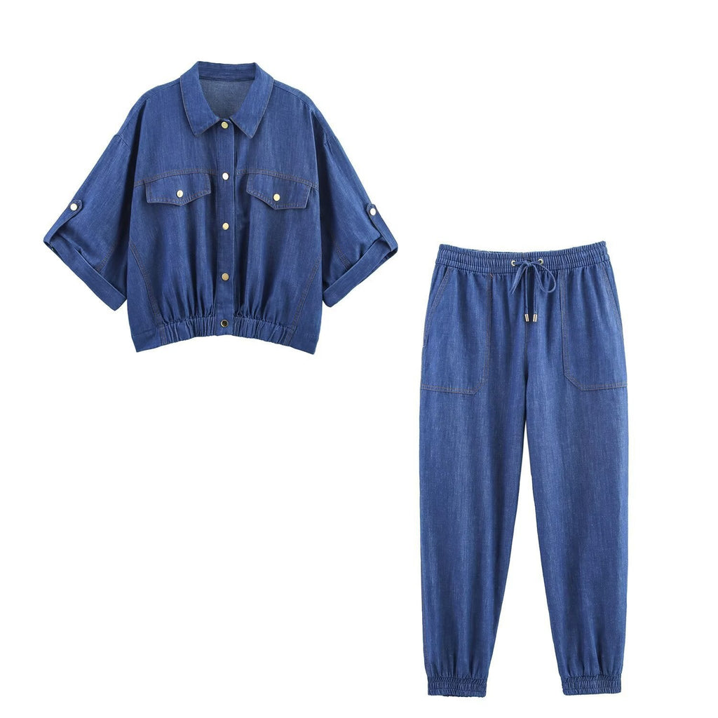 Women's Casual Denim Set with Crop Blouse and Elastic Pants